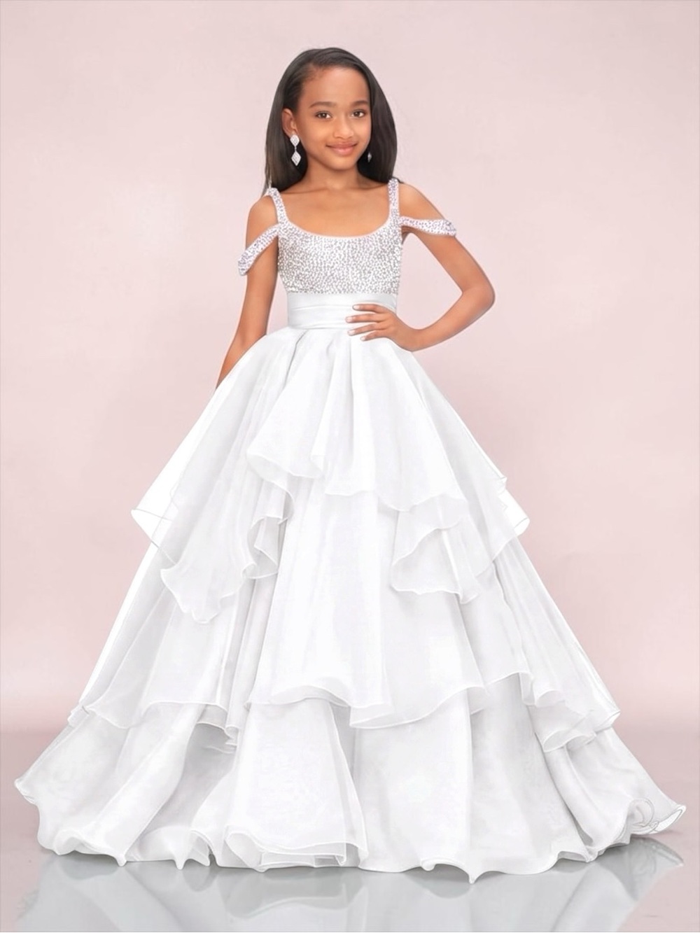 NWT Girls White Rhinestone Off Shoulder Ruffle Pageant Princess Formal Gown